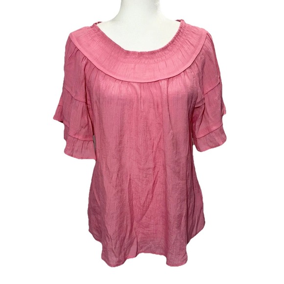 Nanette Lepore Tops - Nanette Lepore Sz. Large Pink Ruffle Sleeve Smocked Neckline Blouse Flowy BOHO
